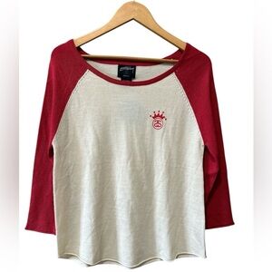 NWT Stussy SS Crown Knit Raglan Crewneck Sweater, 3/4 Sleeve/ Ivory+Red size S